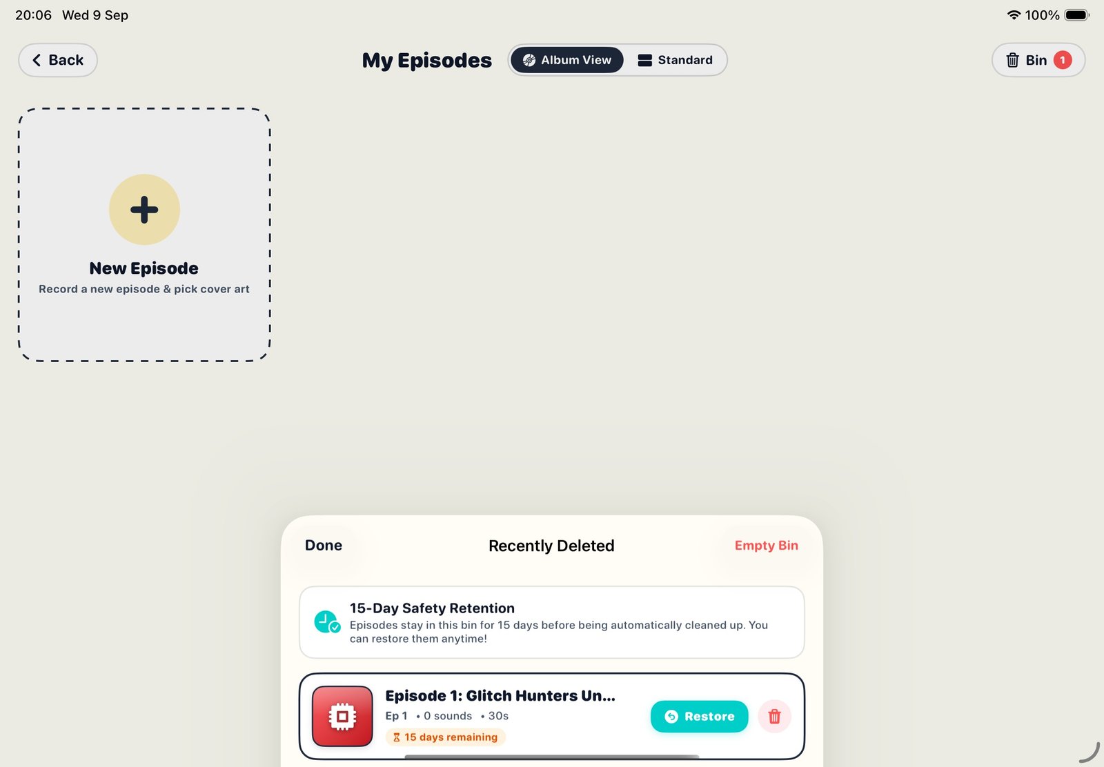 Unplugged Podcast Maker 15-Day Trash Bin and Restore
